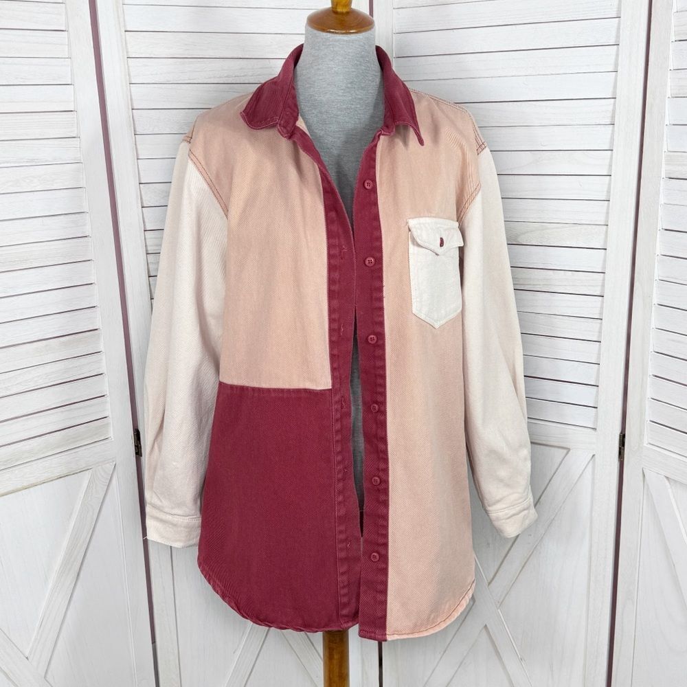 Missguided Color Block Oversized Denim Button Up‎ Shirt Maroon Peach 8